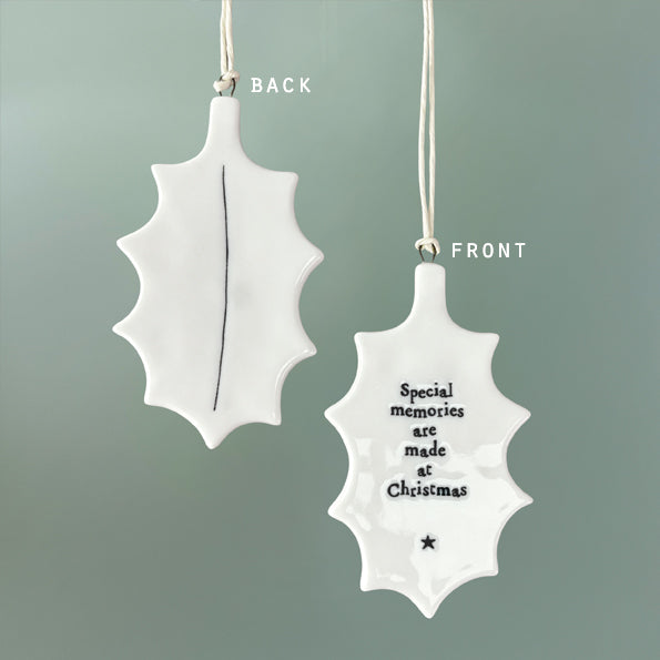 East of India Porcelain Holly Hanging Decoration - Memories made at Christmas