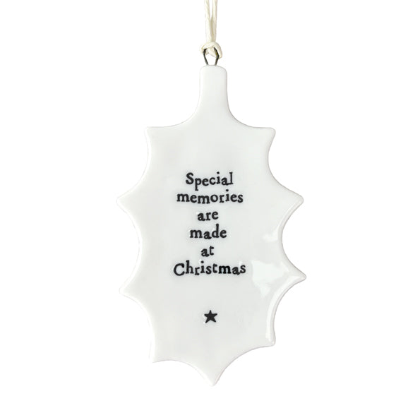 East of India Porcelain Holly Hanging Decoration - Memories made at Christmas