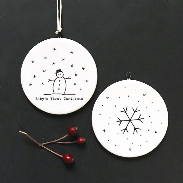 East of India Flat Porcelain Bauble - Baby's first Christmas