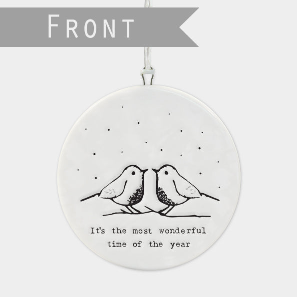 East of India Flat Porcelain Bauble - Robins, most wonderful time