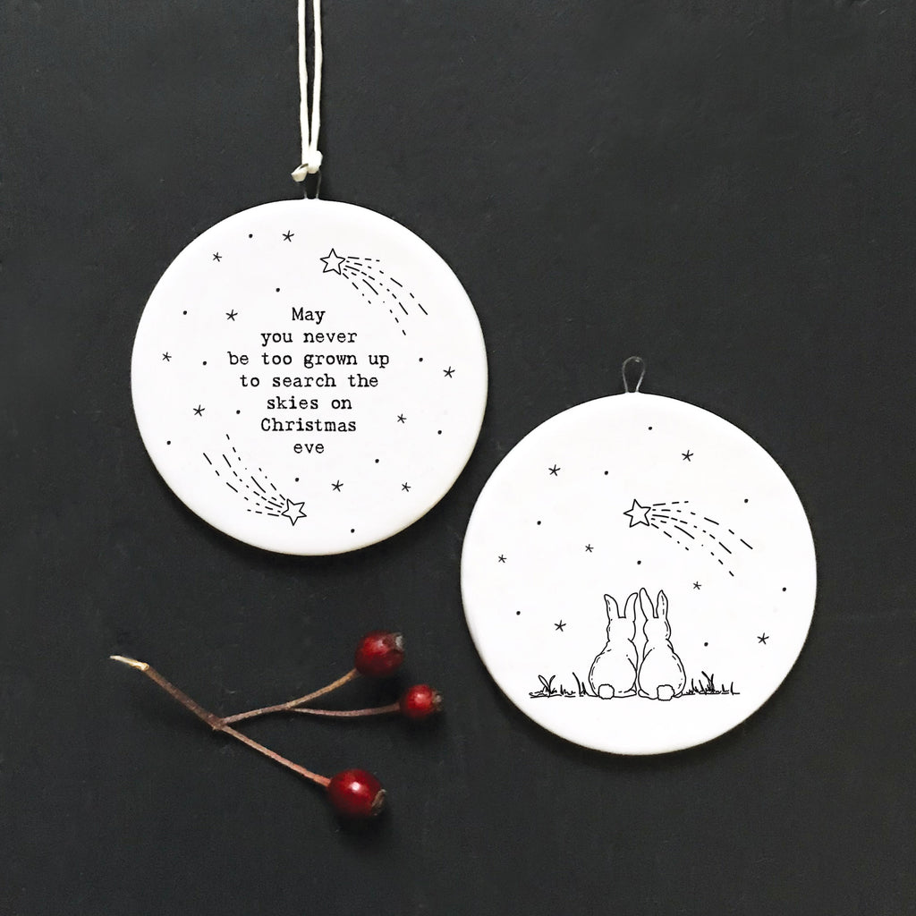East of India Flat Porcelain Bauble - Never too grown up for Christmas Eve