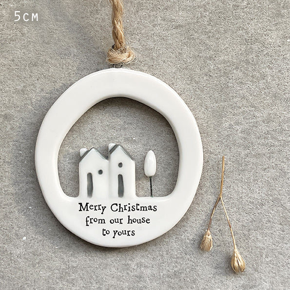 East of India Large Porcelain Cut Out Hanging Decoration - Merry Christmas our house