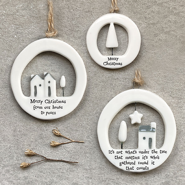 East of India Large Porcelain Cut Out Hanging Decoration - Merry Christmas our house
