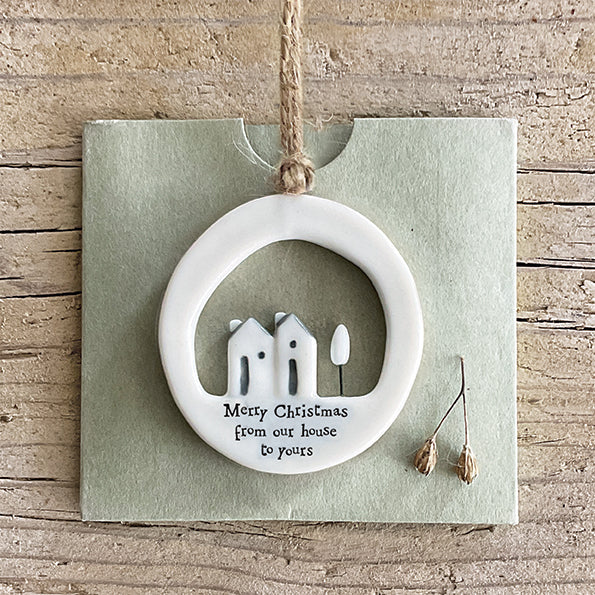 East of India Large Porcelain Cut Out Hanging Decoration - Merry Christmas our house