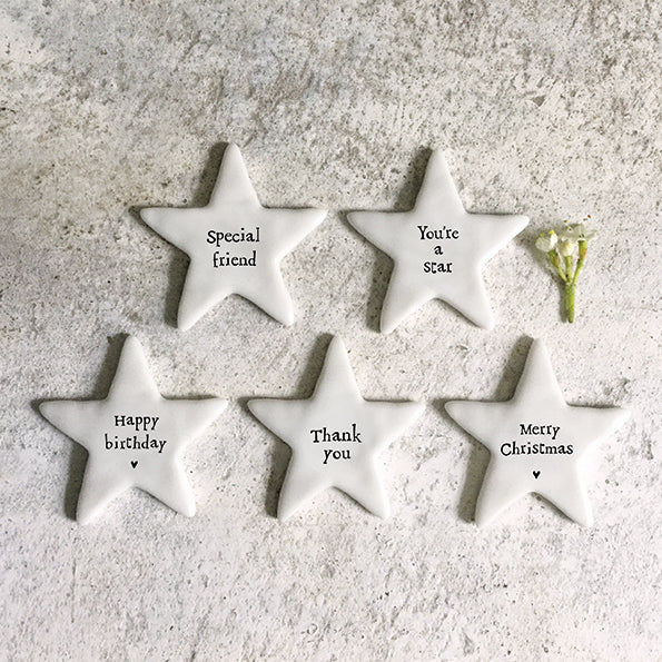 East of India Tiny Porcelain Star Token - Merry Christmas