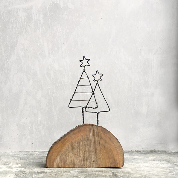 East of India Wire Christmas Trees on Wooden Base