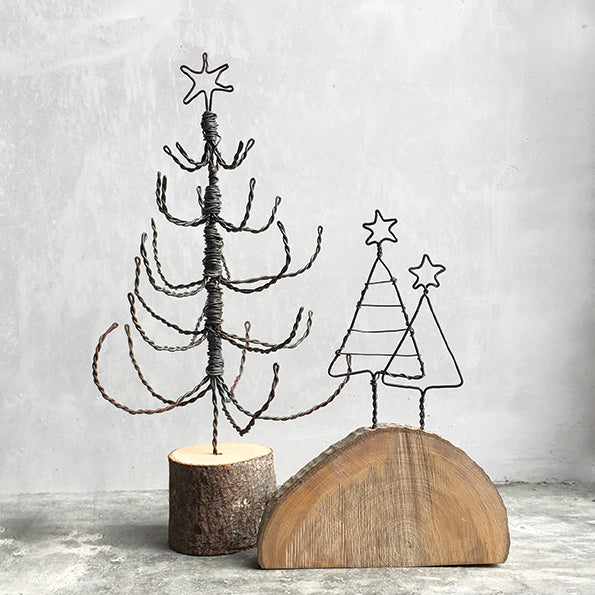 East of India Wire Christmas Trees on Wooden Base