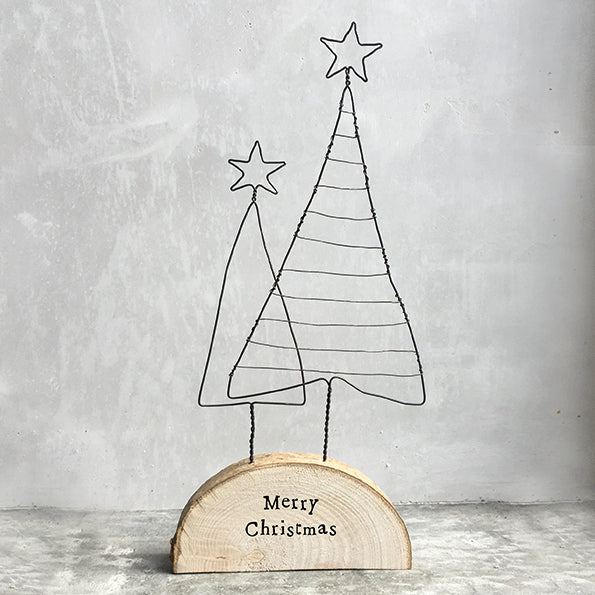 East of India Wire Christmas Trees on Wooden Base - Merry Christmas