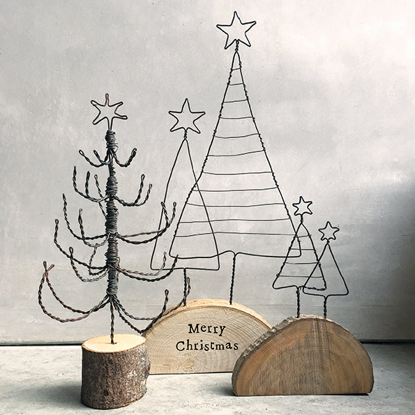 East of India Wire Christmas Trees on Wooden Base - Merry Christmas