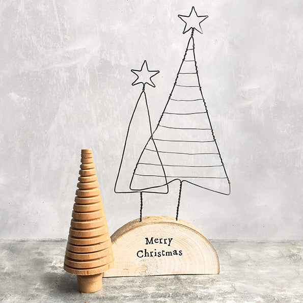 East of India Wire Christmas Trees on Wooden Base - Merry Christmas