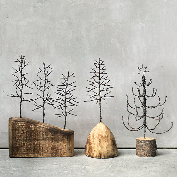East of India Three Wire Winter Trees on Wooden Base