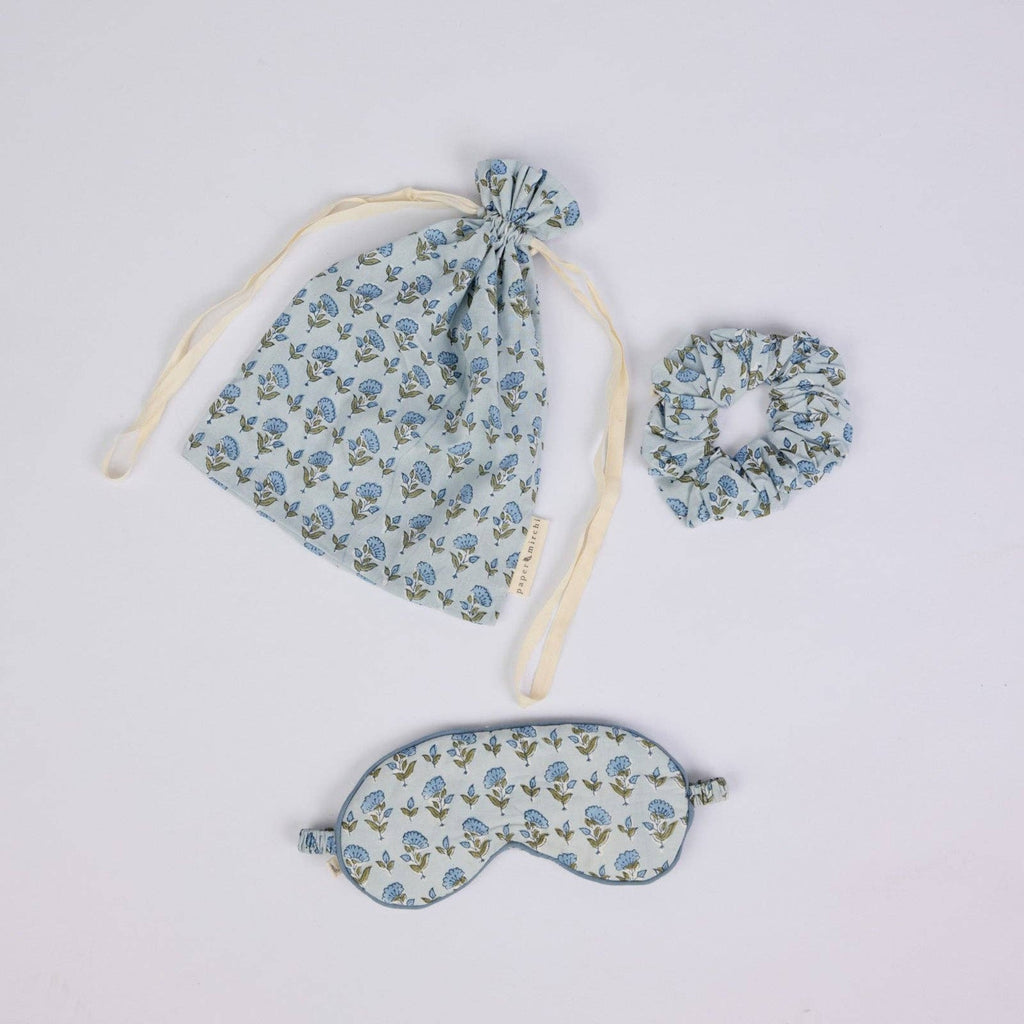 Block Printed Eye Mask & Scrunchie Set - Ditsy Floral Blue