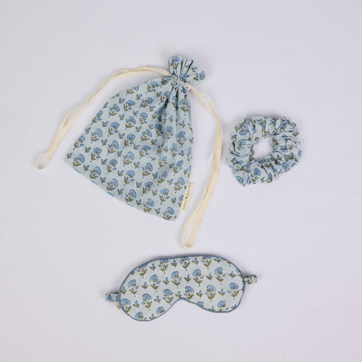 Block Printed Eye Mask & Scrunchie Set - Ditsy Floral Blue