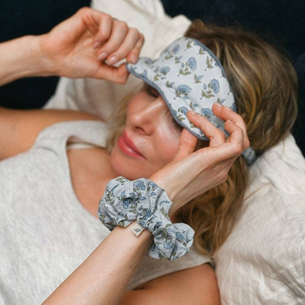 Block Printed Eye Mask & Scrunchie Set - Ditsy Floral Blue