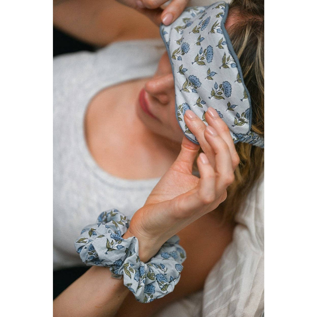 Block Printed Eye Mask & Scrunchie Set - Ditsy Floral Blue