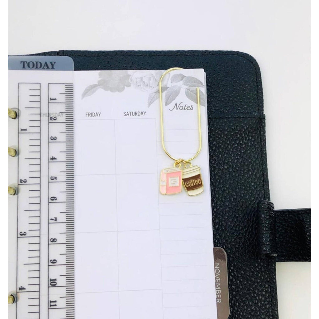 Book & Coffee Charm Paper Clip Bookmark - Pink