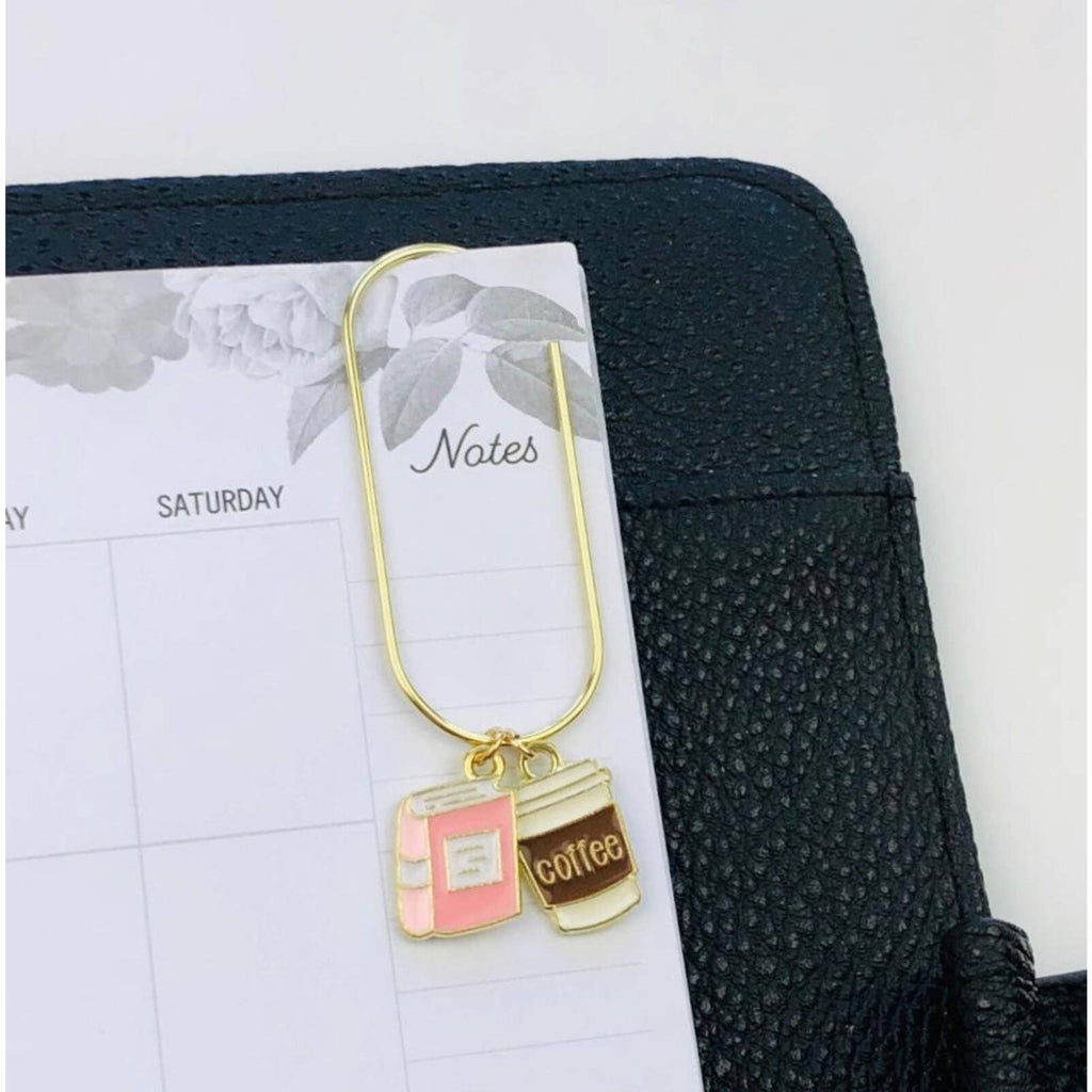 Book & Coffee Charm Paper Clip Bookmark - Pink
