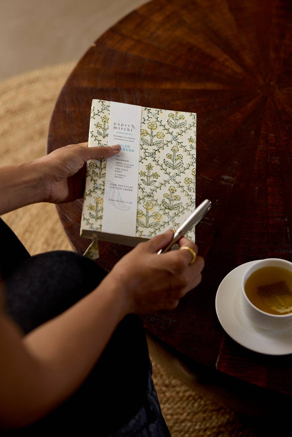 Block Printed A5 Ruled Notebook - Floral Lattice Buttercream
