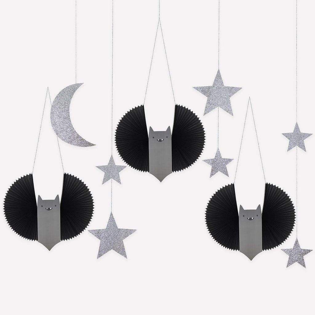 Bat Stars & Moon Decorations x 7 | Meri Meri | Little Big Party Party Decorations Bat, Stars & Moon Hanging Party Decorations x 7