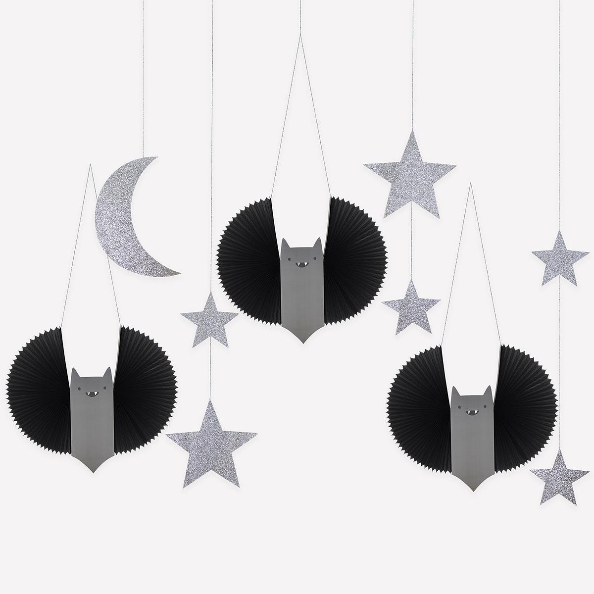 Bat Stars & Moon Decorations x 7 | Meri Meri | Little Big Party Party Decorations Bat, Stars & Moon Hanging Party Decorations x 7