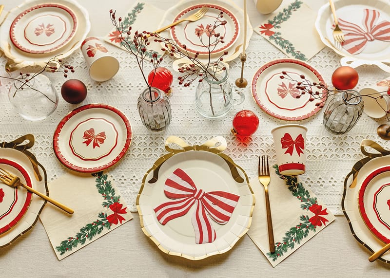 Beige & Gold Bow Christmas Party Plates x 6 - Christmas Plates Disposable Plates Beige & Gold Bow Christmas Party Plates x 6