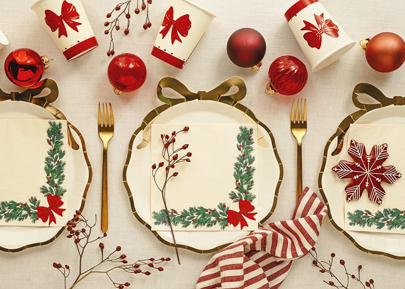 Beige & Gold Bow Christmas Party Plates x 6 - Christmas Plates Disposable Plates Beige & Gold Bow Christmas Party Plates x 6