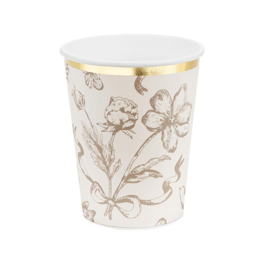 Beige & Gold Floral Paper Cups x 6 backdrop Beige & Gold Floral Paper Cups x 6