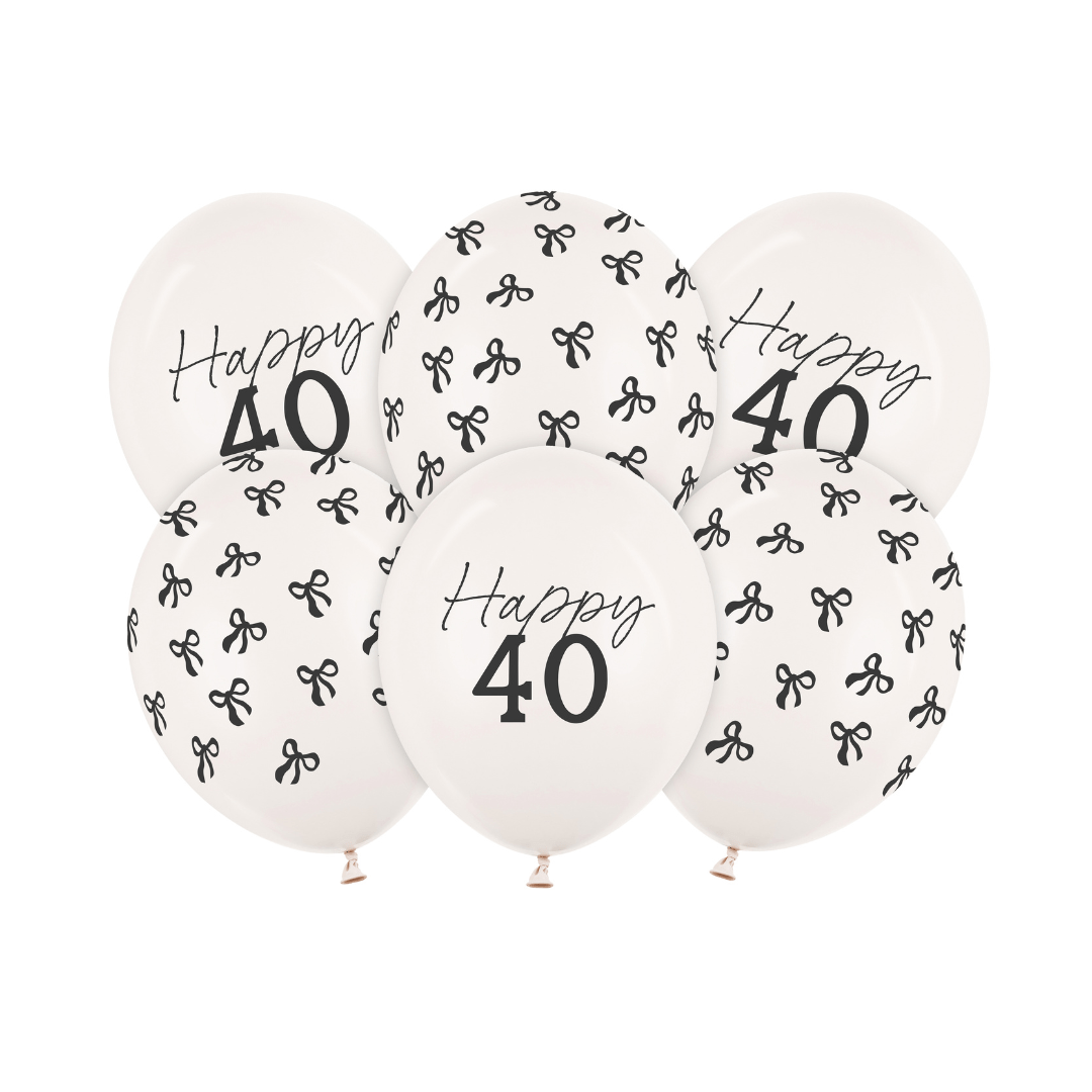 Black Bow Happy 40 Latex Balloons x 6 - 40th Birthday Party Balloons Black Bow Happy 40 Latex Balloons x 6