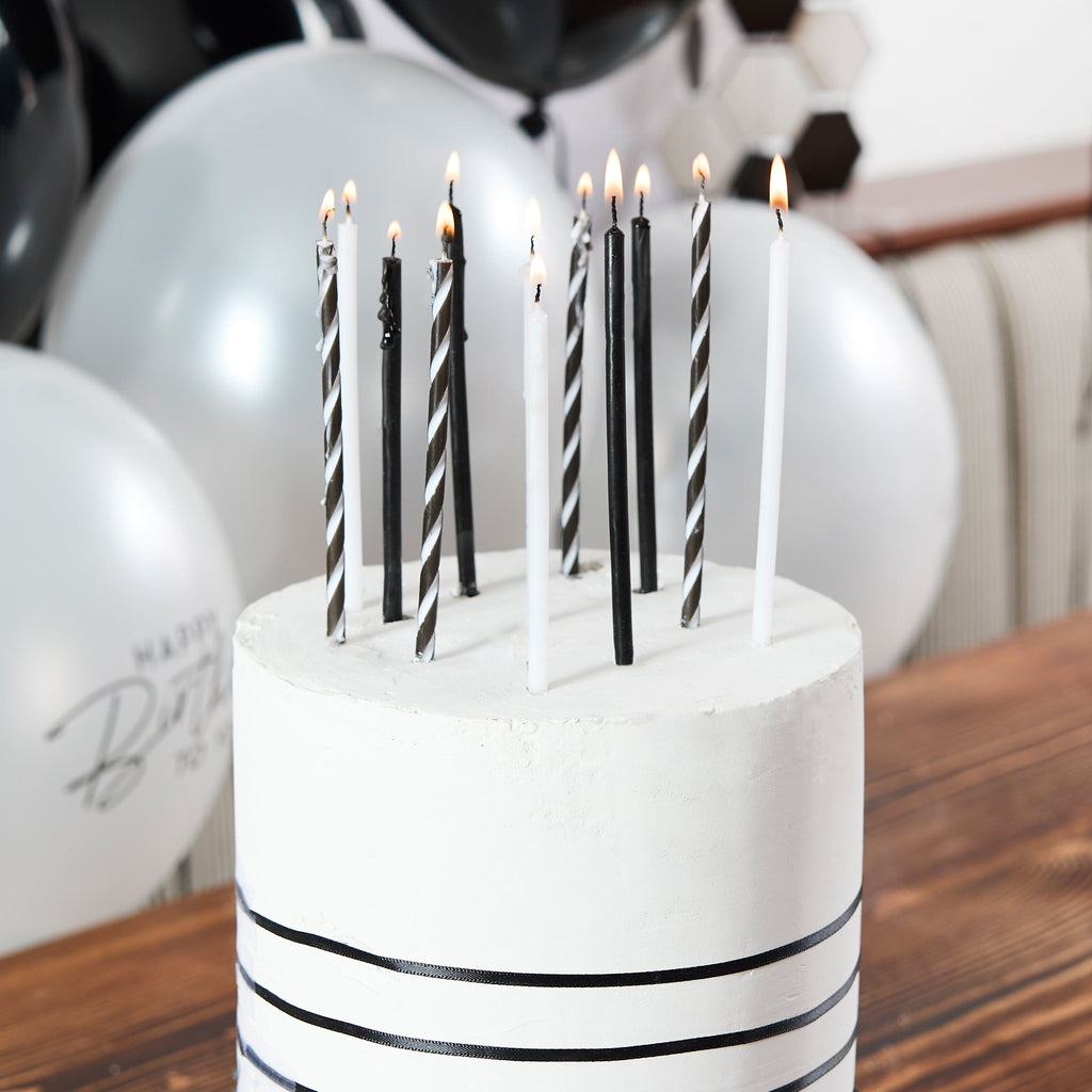 Black & White Monochrome Tall Skinny Candles x 12 - Birthday Cake Candles Birthday Candles Black & White Monochrome Tall Skinny Candles x 12