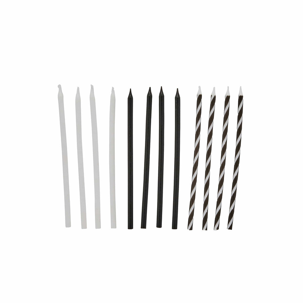 Black & White Monochrome Tall Skinny Candles x 12 - Birthday Cake Candles Birthday Candles Black & White Monochrome Tall Skinny Candles x 12