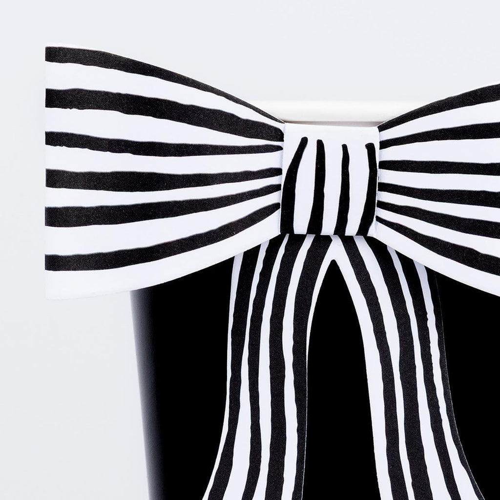 Black & White Stripy Bow Party Cups x 8 | Meri Meri Halloween Table party cups Black & White Stripy Bow Party Cups x 8