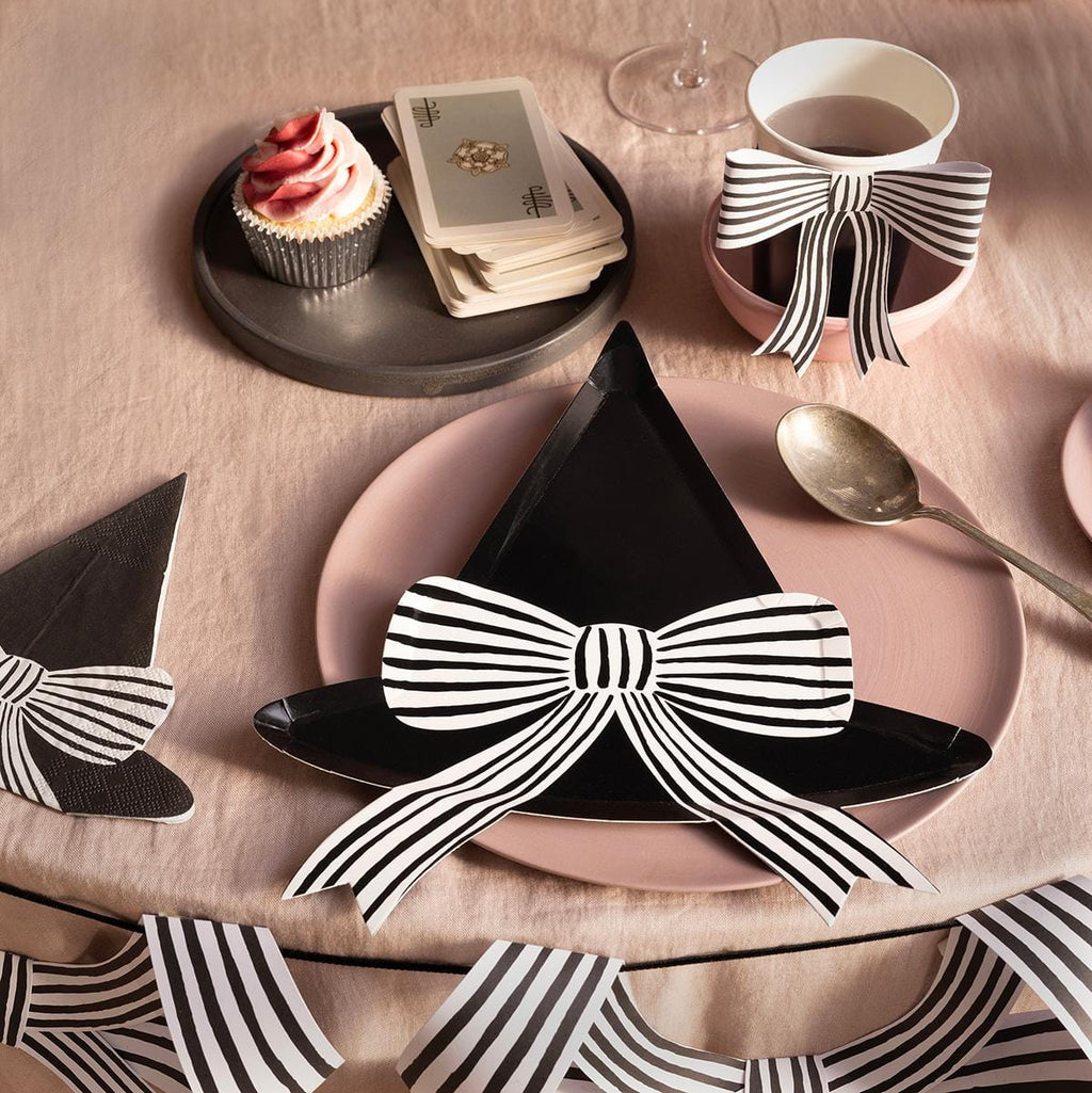 Black & White Stripy Bow Party Cups x 8 | Meri Meri Halloween Table party cups Black & White Stripy Bow Party Cups x 8