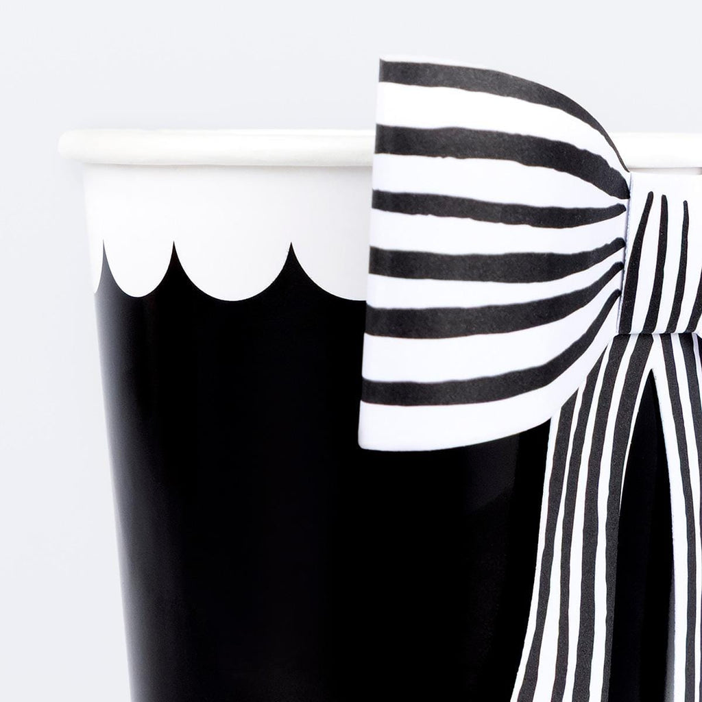 Black & White Stripy Bow Party Cups x 8 | Meri Meri Halloween Table party cups Black & White Stripy Bow Party Cups x 8