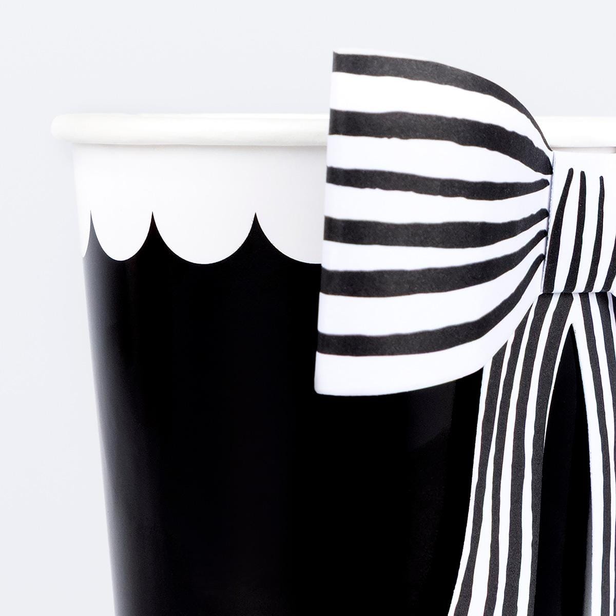 Black & White Stripy Bow Party Cups x 8 | Meri Meri Halloween Table party cups Black & White Stripy Bow Party Cups x 8