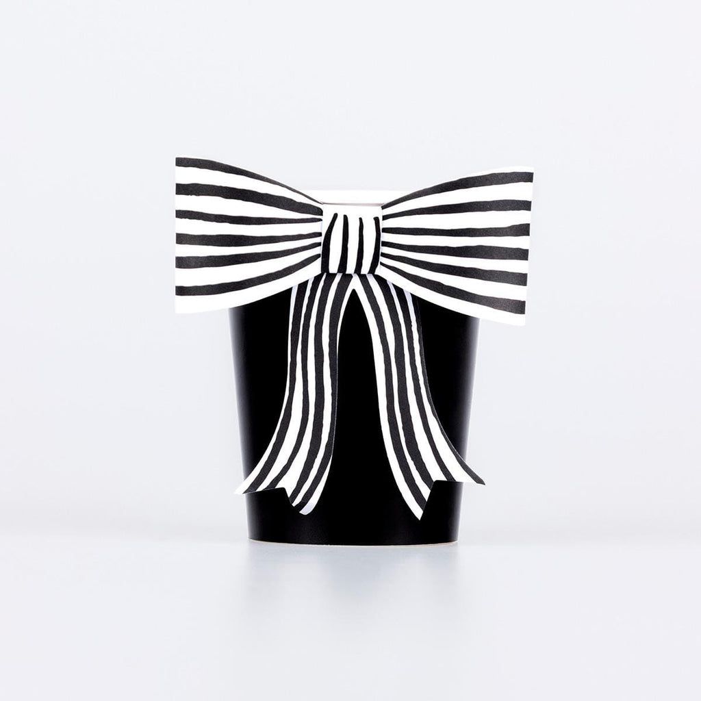 Black & White Stripy Bow Party Cups x 8 | Meri Meri Halloween Table party cups Black & White Stripy Bow Party Cups x 8