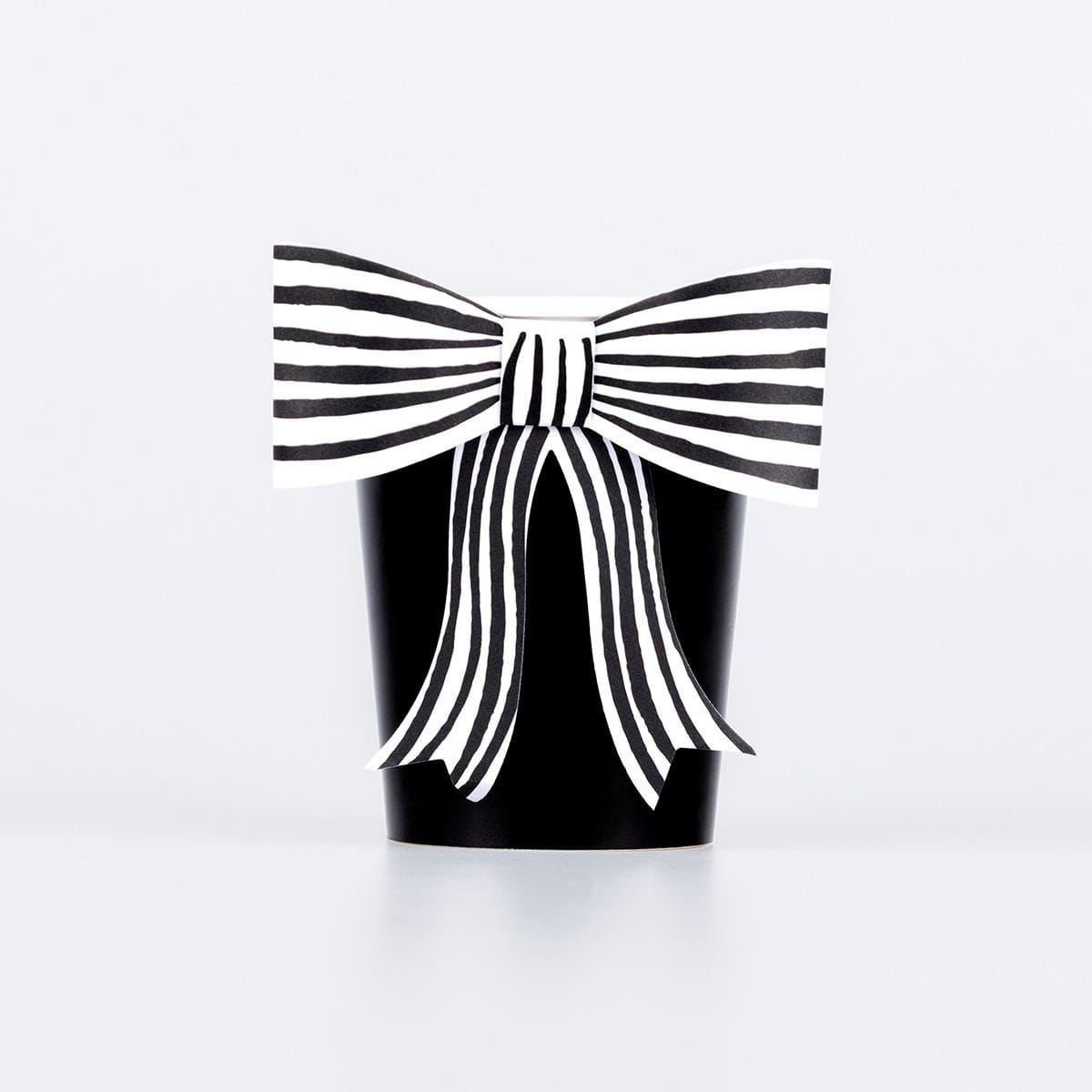 Black & White Stripy Bow Party Cups x 8 | Meri Meri Halloween Table party cups Black & White Stripy Bow Party Cups x 8