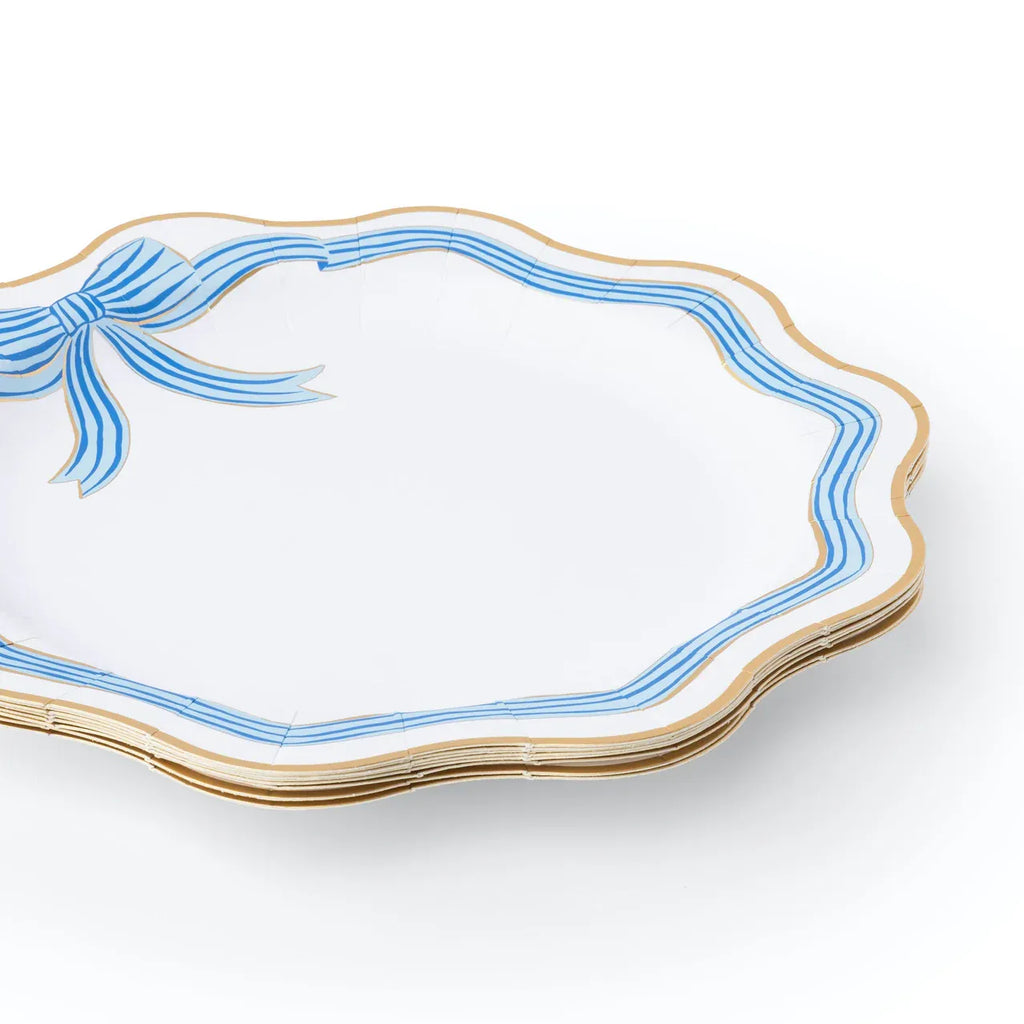 Bonjour Fete - Elegant Blue & Gold Bow Party Plates x 8 Disposable Plates Elegant Blue & Gold Bow Party Plates x 8
