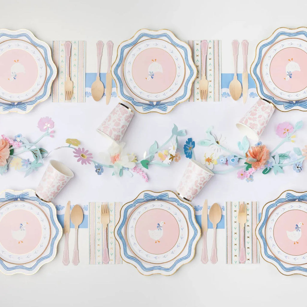 Bonjour Fete - Elegant Blue & Gold Bow Party Plates x 8 Disposable Plates Elegant Blue & Gold Bow Party Plates x 8