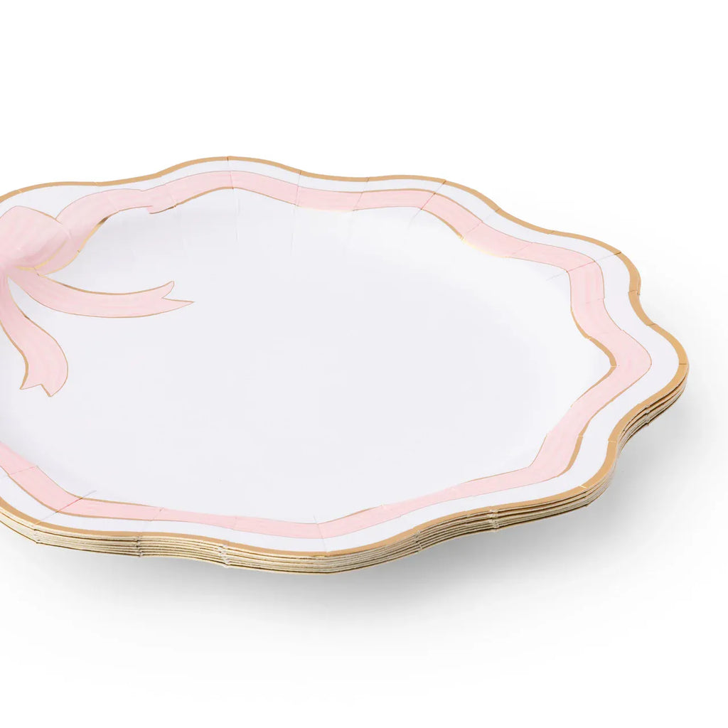 Bonjour Fete - Elegant Pink & Gold Bow Party Plates x 8 Disposable Plates Elegant Pink & Gold Bow Party Plates x 8