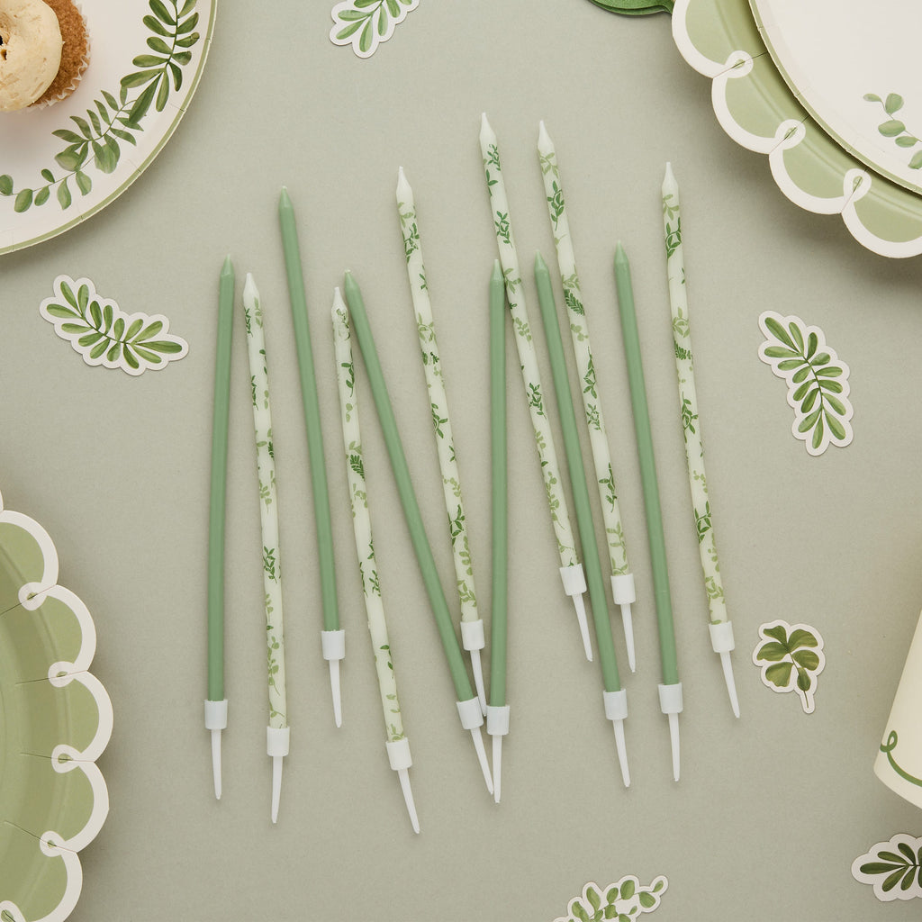 Botanical Party Tall Skinny Candles x 12 Birthday Candles Botanical Party Tall Skinny Candles x 12
