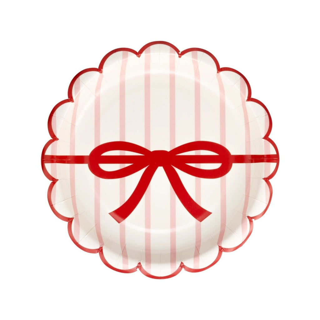 Christmas Bow Scalloped Party Plates x 8 - Bow  Christmas Supplies Disposable Plates Christmas Bow Scalloped Party Plates x 8