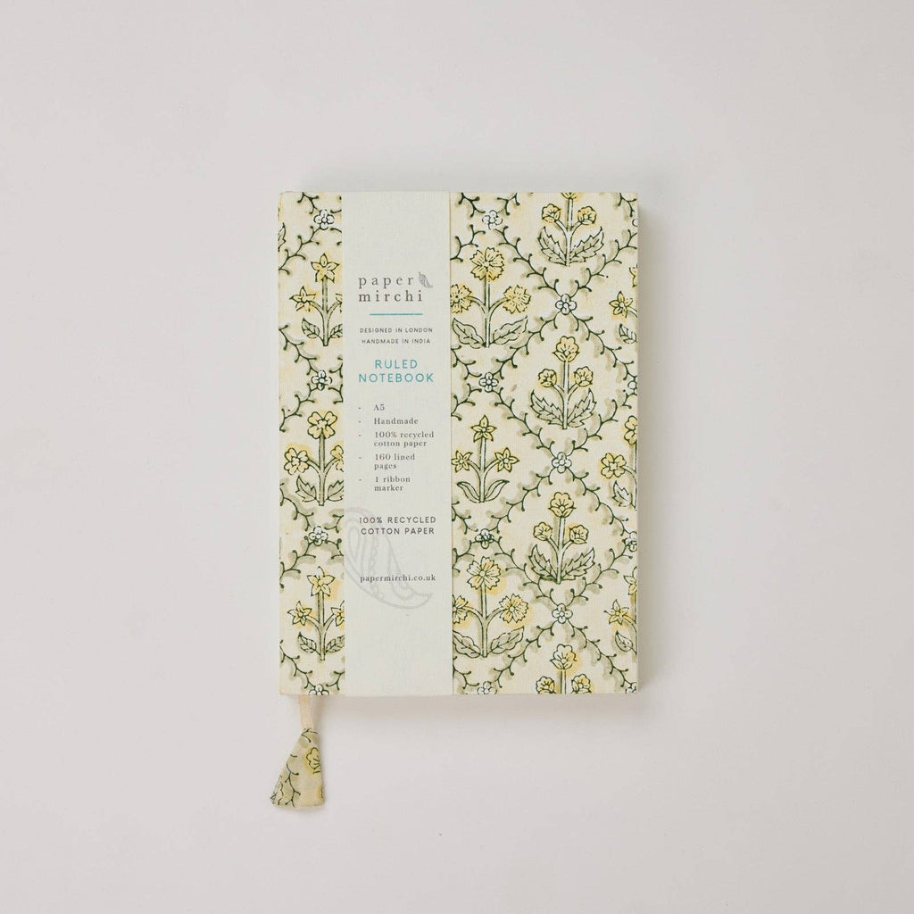 Block Printed A5 Ruled Notebook - Floral Lattice Buttercream