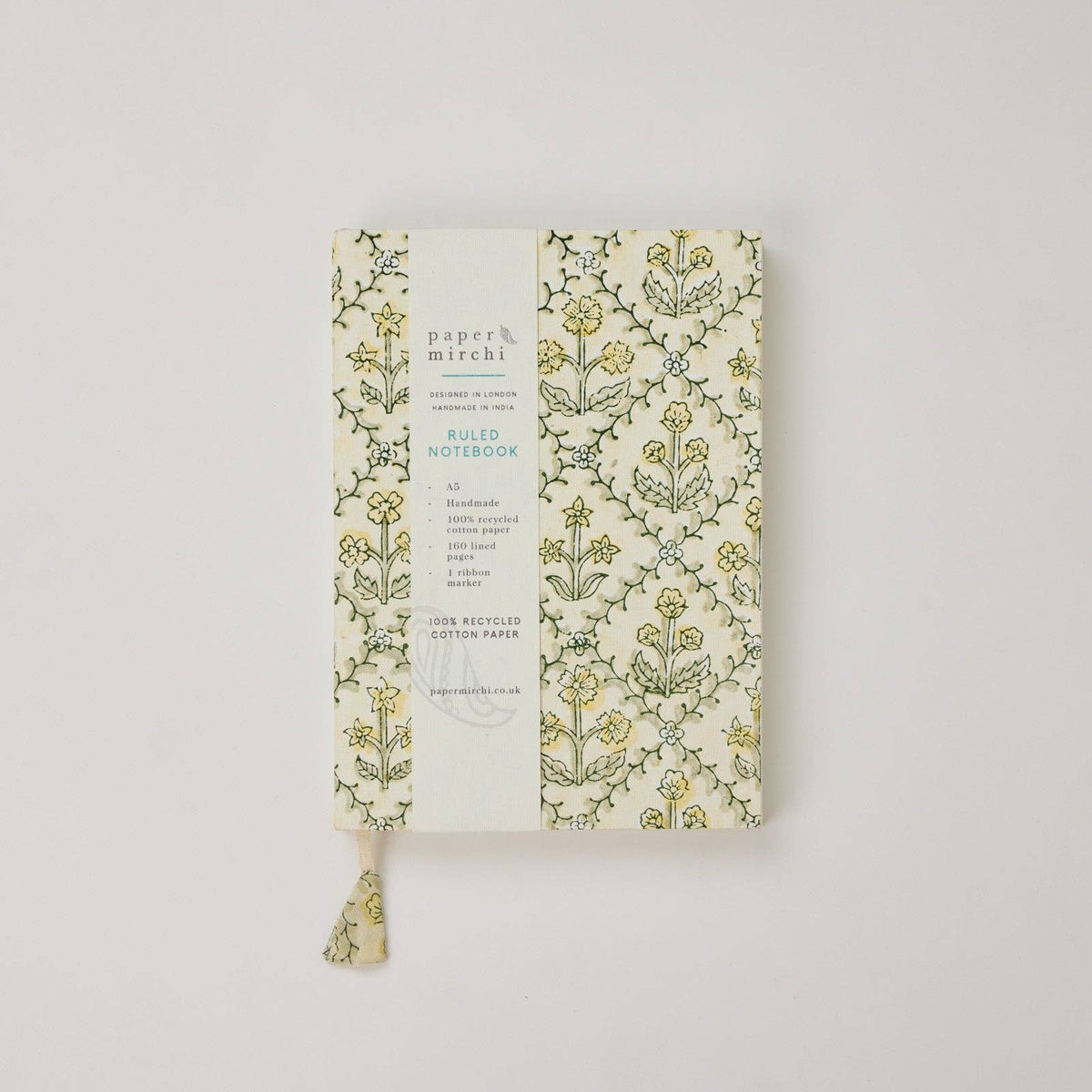Block Printed A5 Ruled Notebook - Floral Lattice Buttercream