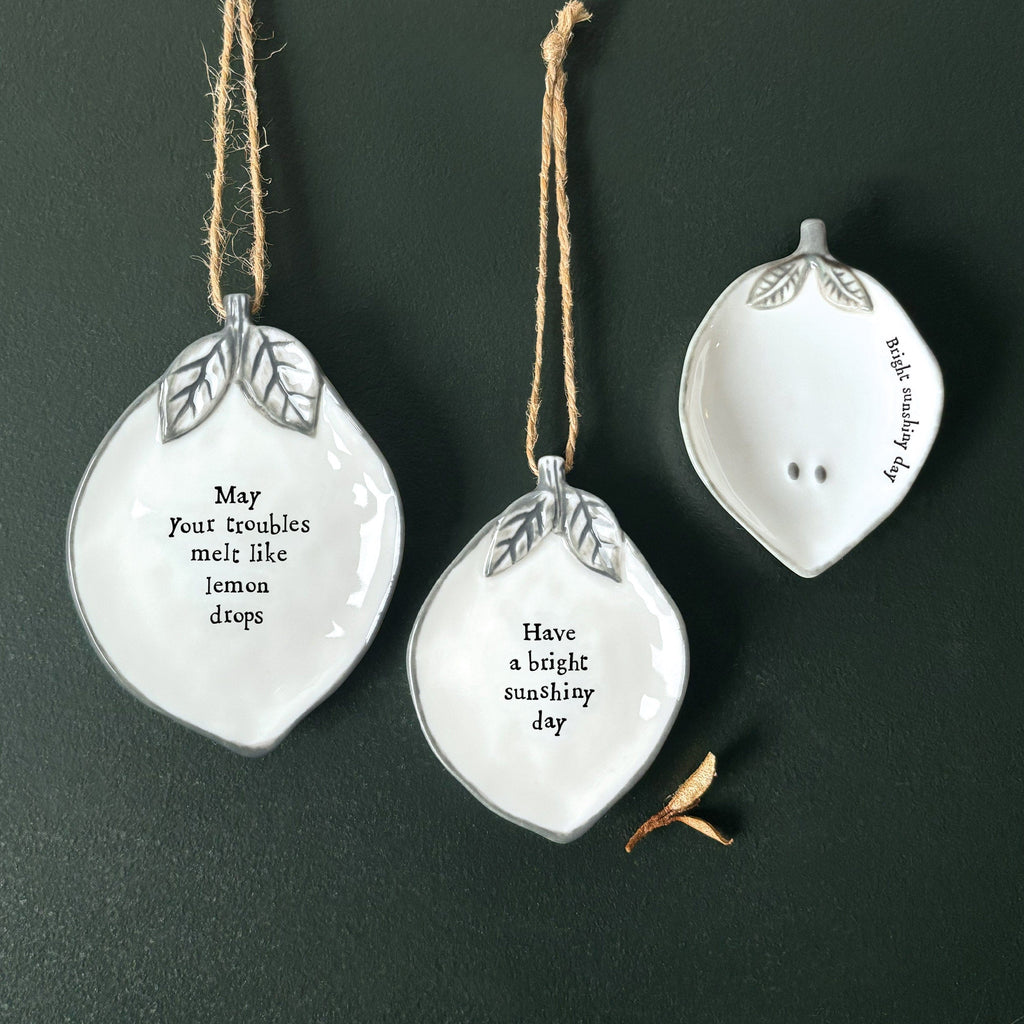 East of India Porcelain Hanging Lemon - Melt Like Lemon Drops Hanging Decoration East of India Porcelain Hanging Lemon - Melt Like Lemon Drops