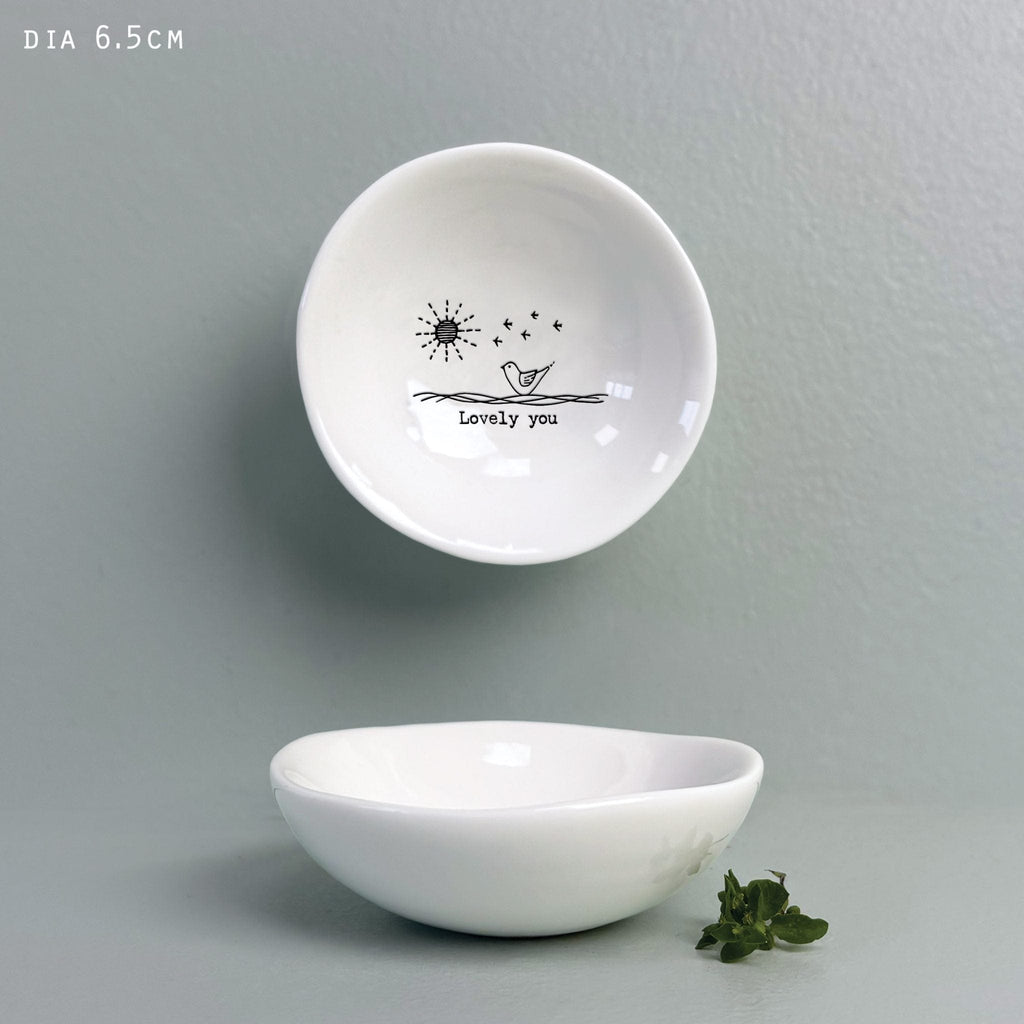 East of India Porcelain Small Wobbly Bowl - Lovely You ring dish East of India Porcelain Small Wobbly Bowl - Lovely You