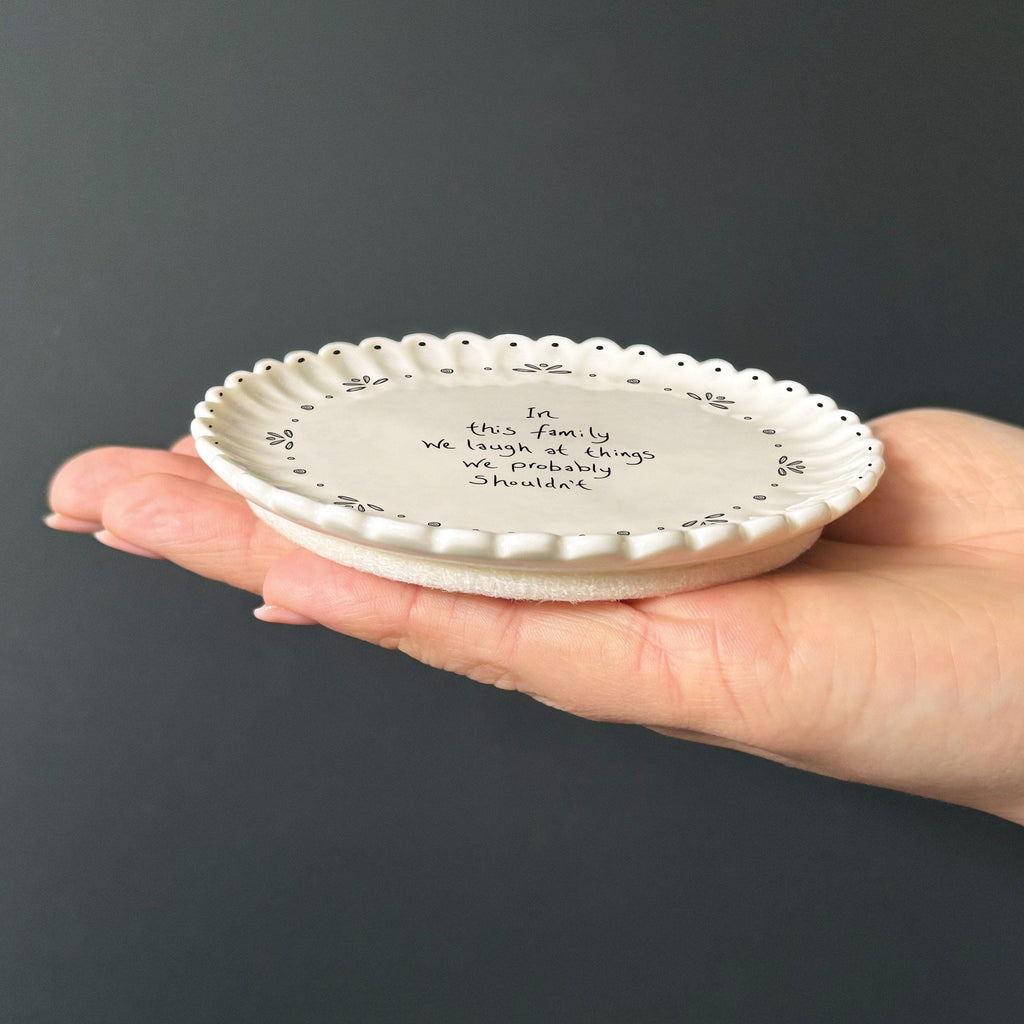 East of India Scallop Coaster – In this family we laugh coaster East of India Scallop Coaster – In this family we laugh