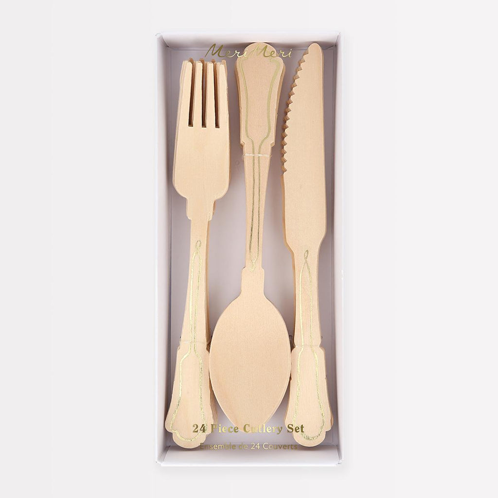 Elegant Gold Foil Wooden Party Cutlery Set x 24 | Meri Meri Party Cutlery Elegant Gold Foil Wooden Party Cutlery Set x 24