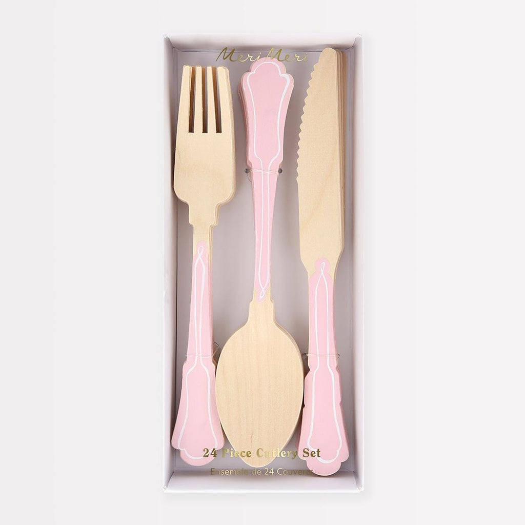 Elegant Pink Wooden Party Cutlery Set x 24 | Meri Meri Party Cutlery Elegant Pink Wooden Party Cutlery Set x 24