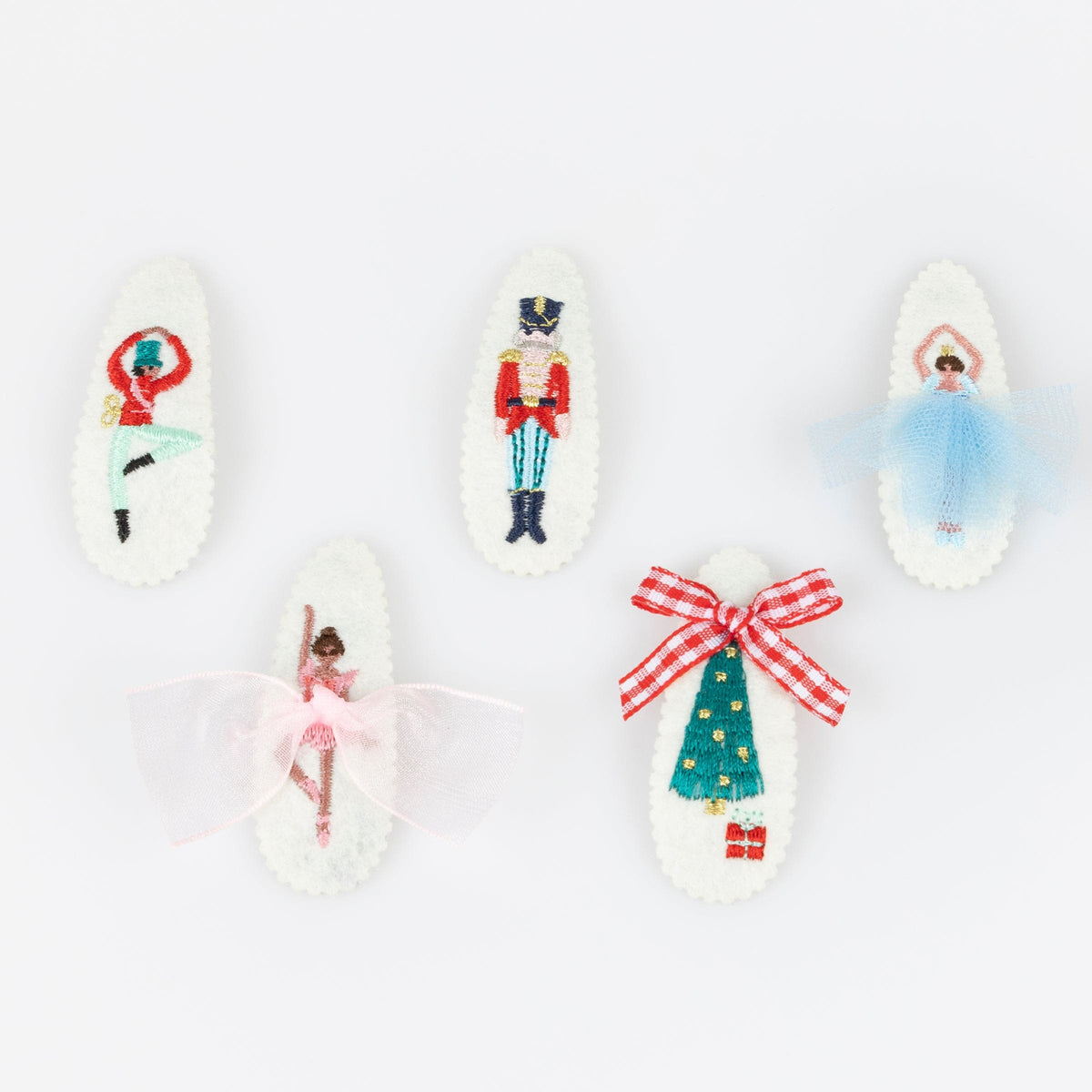 Embroidered Nutcracker Christmas Hair Clips x 5 | Meri Meri Nutcracker Party Accessories Embroidered Nutcracker Christmas Hair Clips x 5