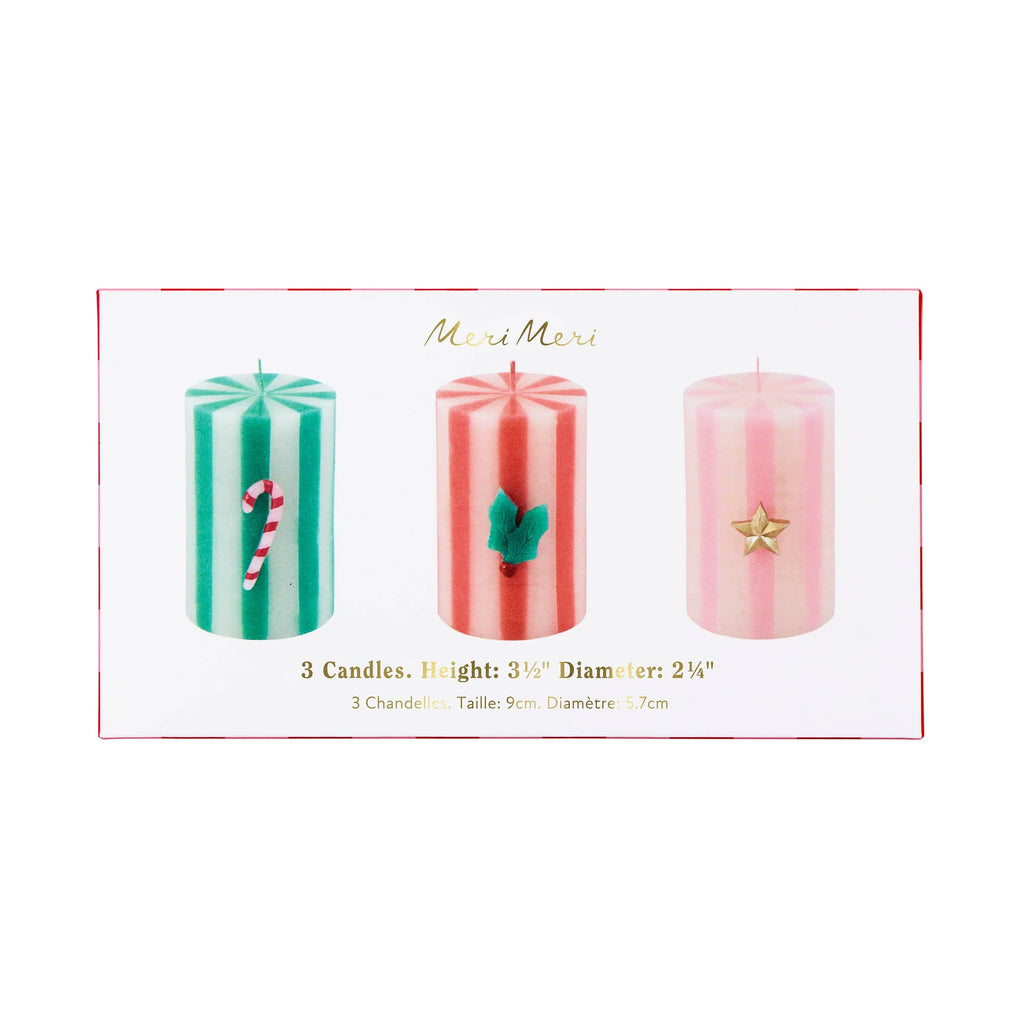 Festive Striped Christmas Pillar Candles x 3 | Meri Meri Christmas Candles Candle Festive Striped Christmas Pillar Candles x 3